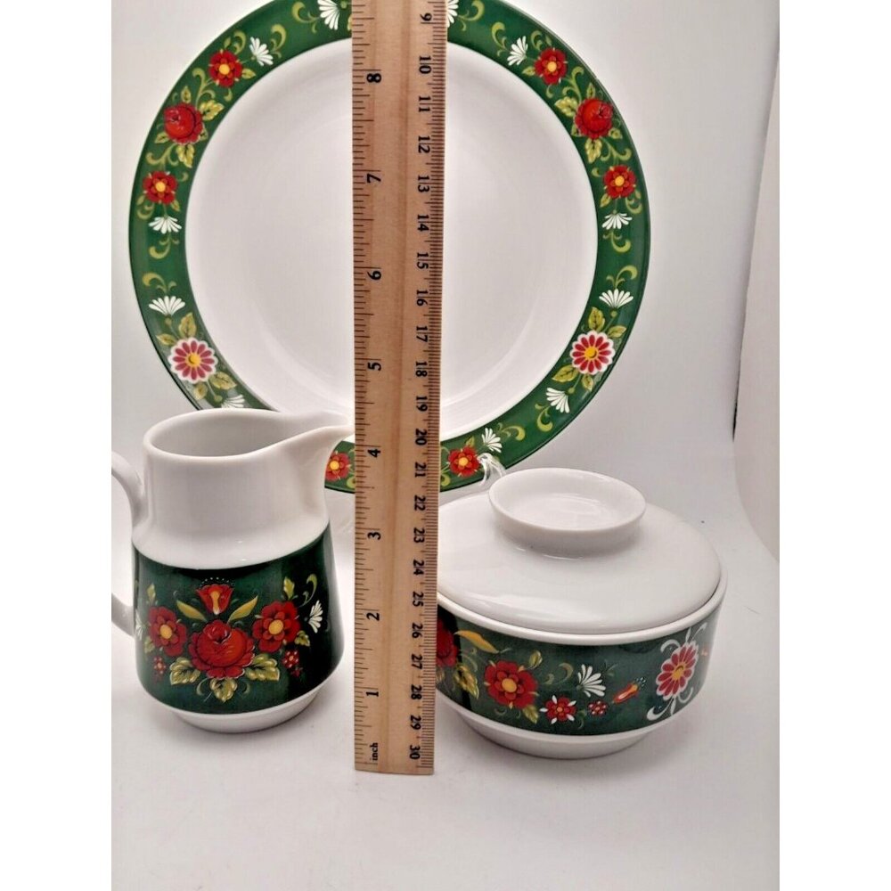 Winterling Bavaria Green Red Floral Creamer Sugar Bowl w/ Lid & Serving Bowl - Picture 6 of 9